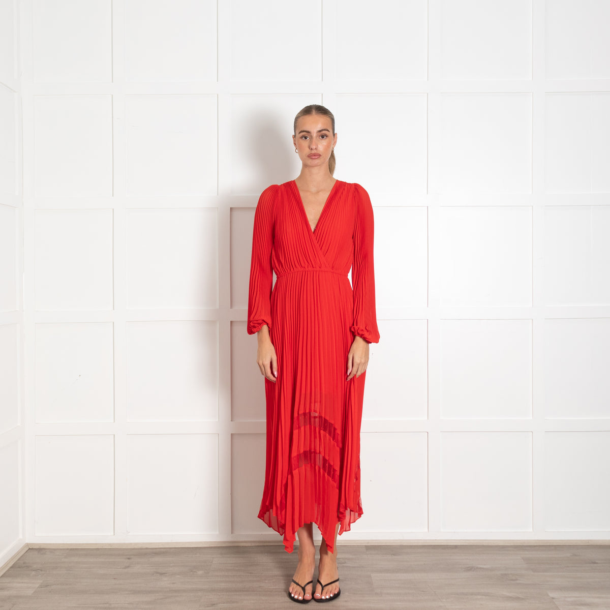 The Kooples Red Pleated Long Sleeve Maxi Dress
