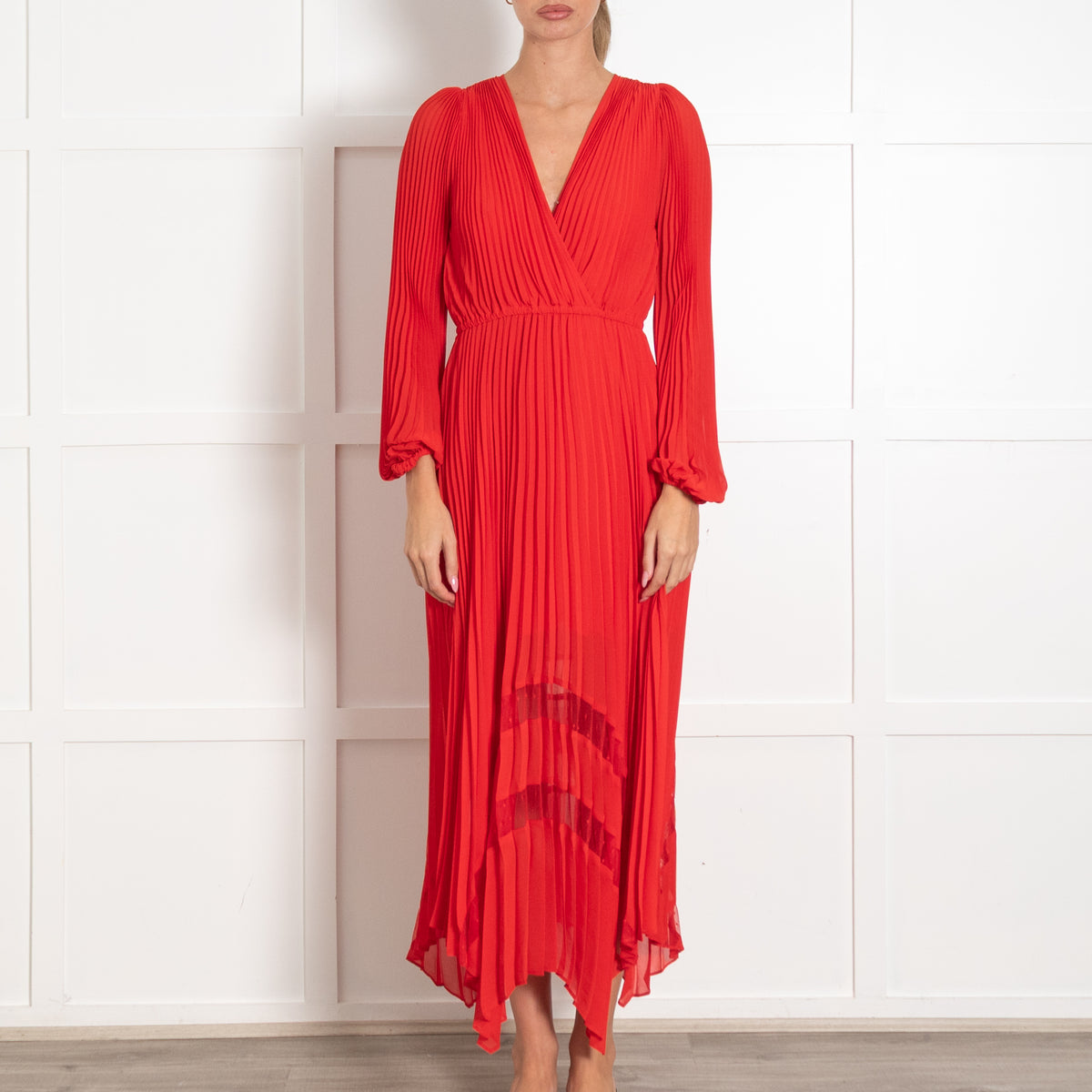 The Kooples Red Pleated Long Sleeve Maxi Dress