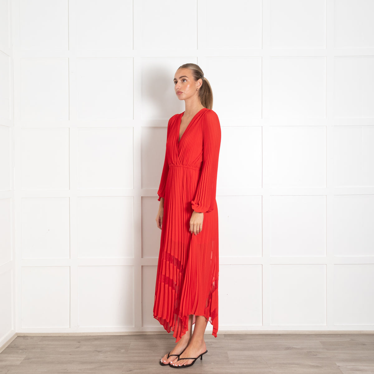 The Kooples Red Pleated Long Sleeve Maxi Dress