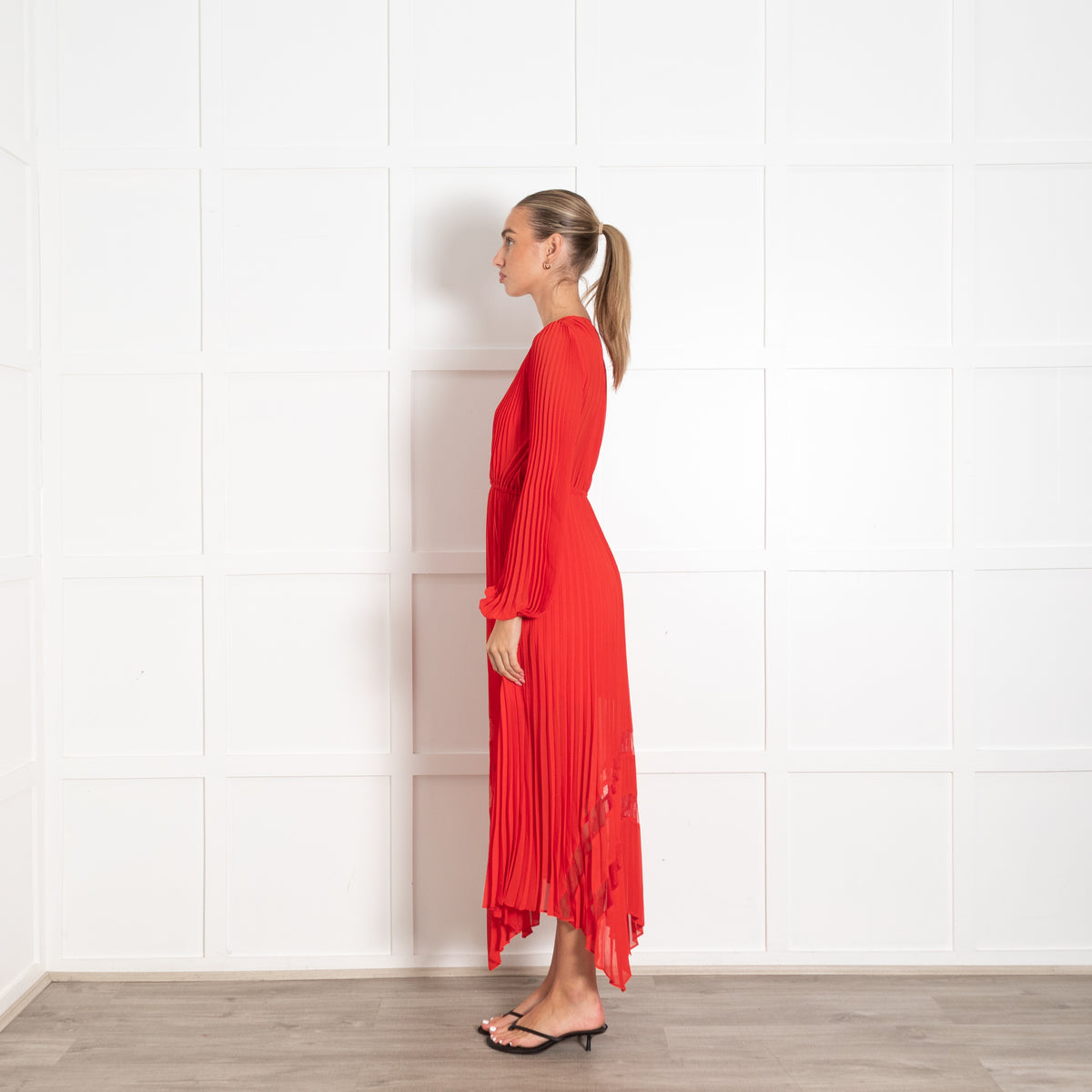 The Kooples Red Pleated Long Sleeve Maxi Dress