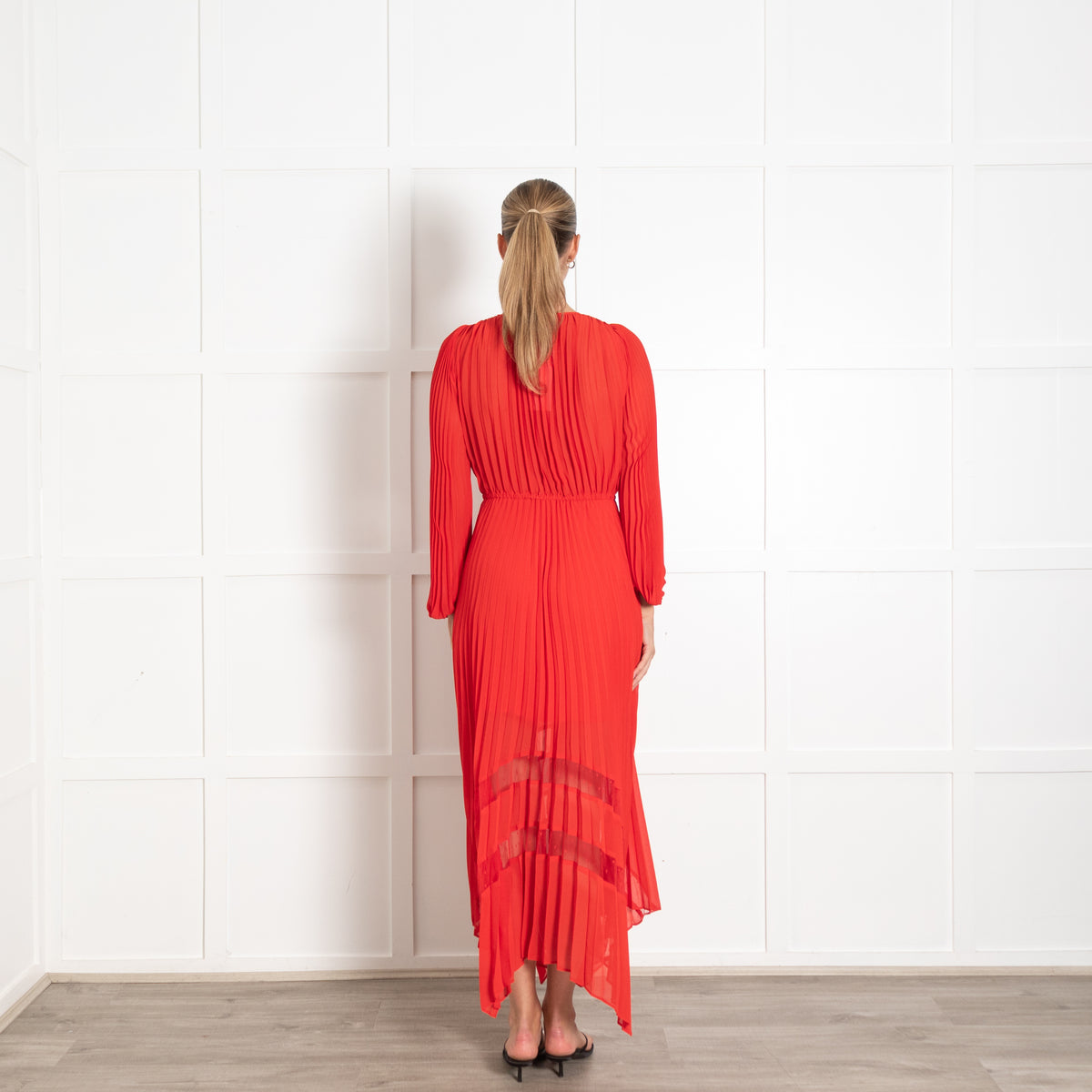 The Kooples Red Pleated Long Sleeve Maxi Dress