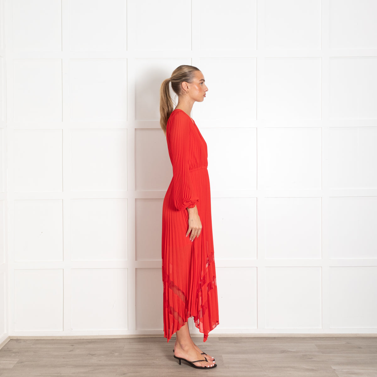 The Kooples Red Pleated Long Sleeve Maxi Dress