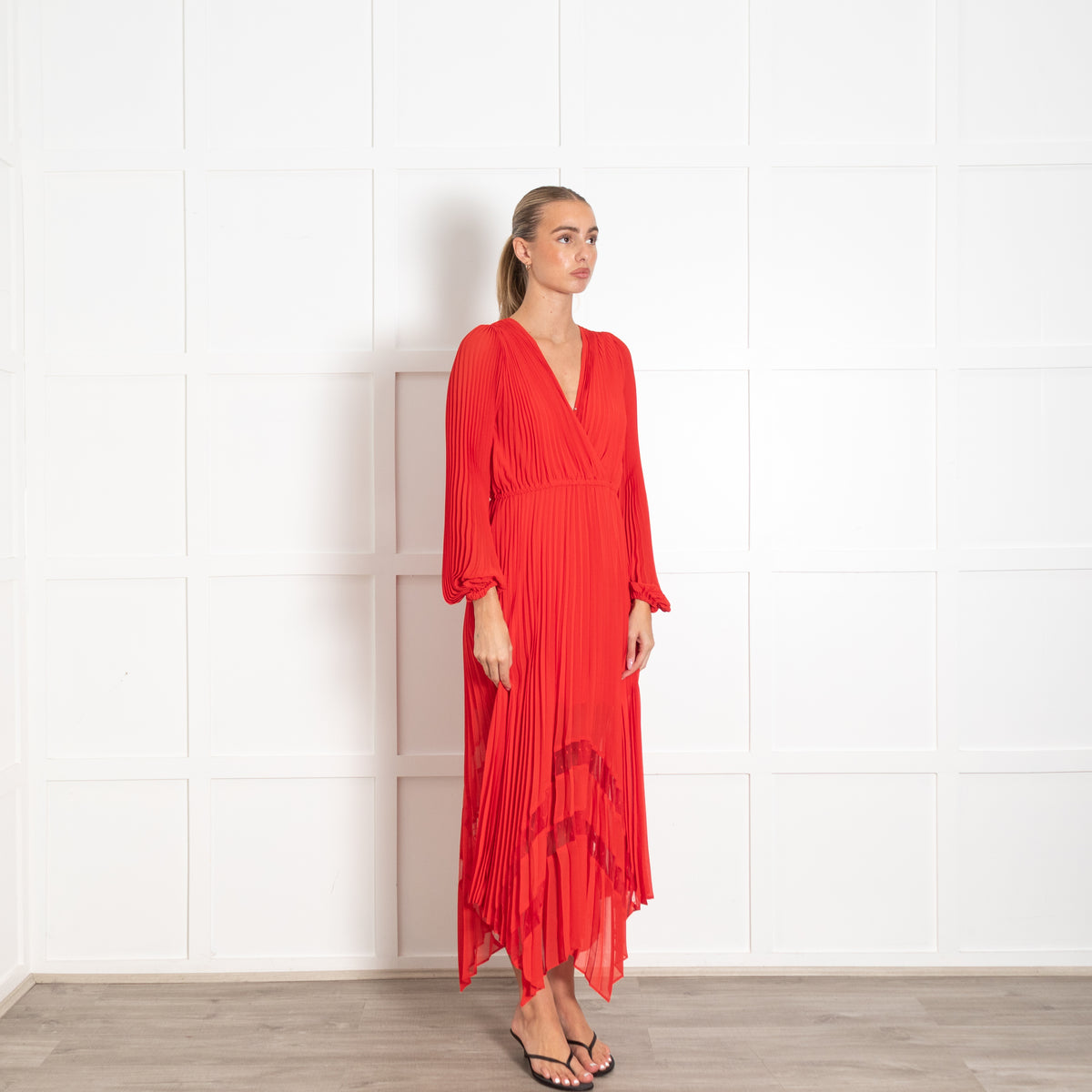 The Kooples Red Pleated Long Sleeve Maxi Dress