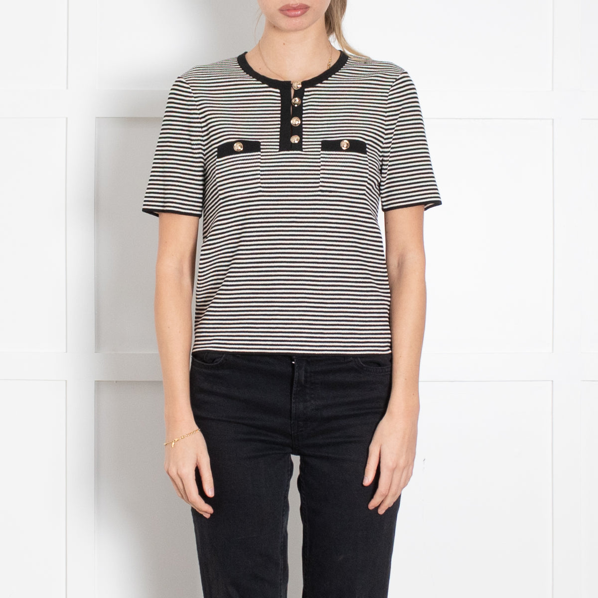 Sandro Black And Cream Stripe Short Sleeve Top With Gold Buttons