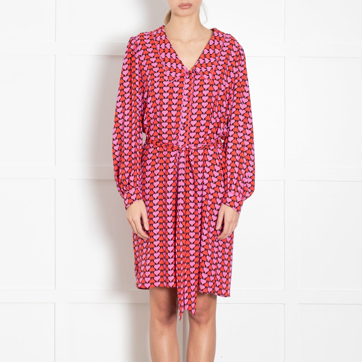 Diane Von Furstenberg Black Pink Red Heart Print Belted Dress
