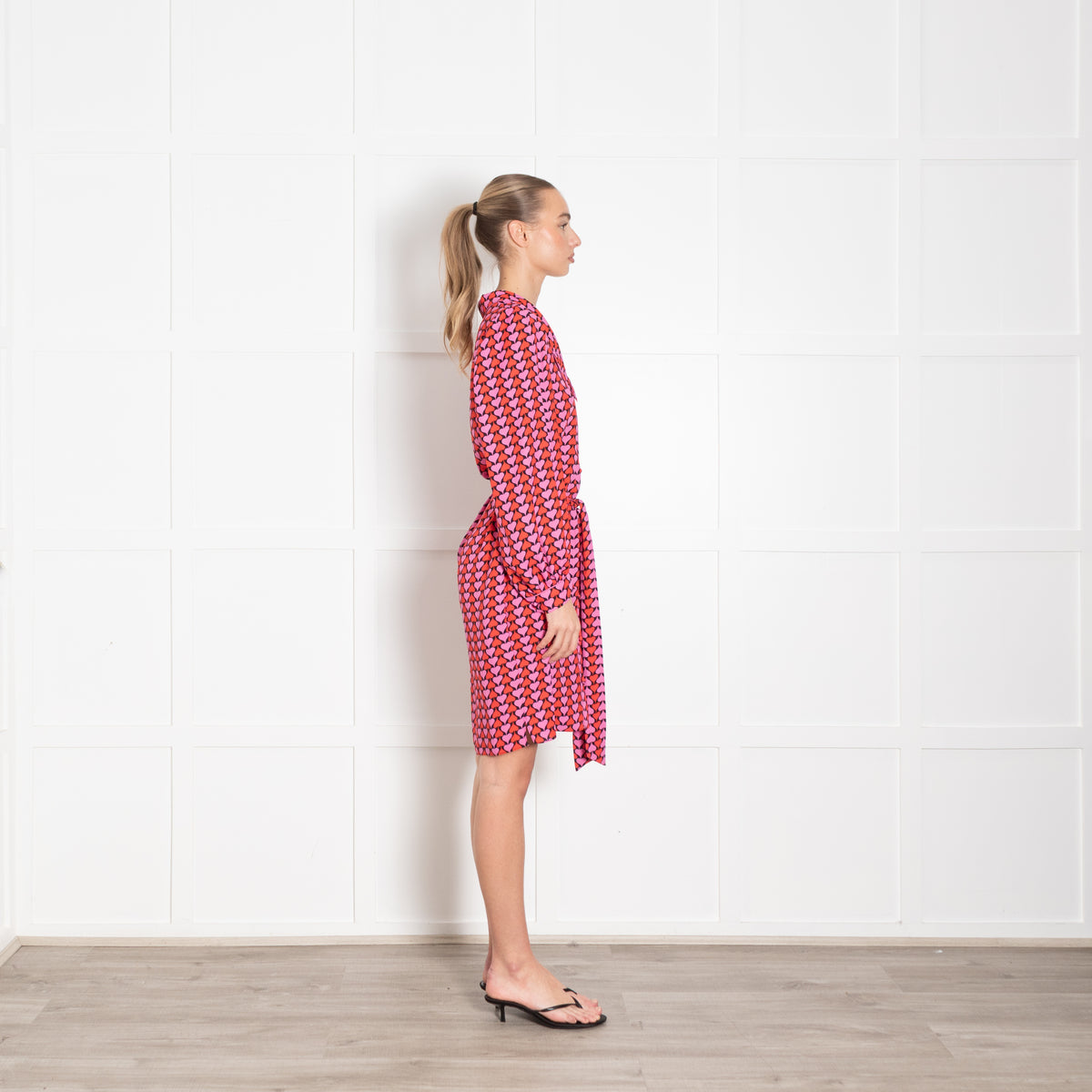 Diane Von Furstenberg Black Pink Red Heart Print Belted Dress