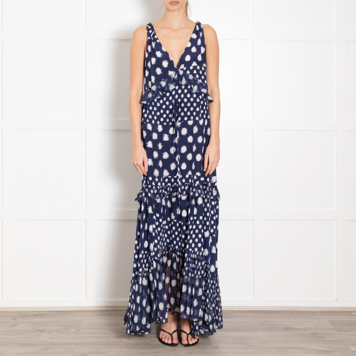 Diane Von Furstenberg Navy White Dot Frill Trim Maxi Dress