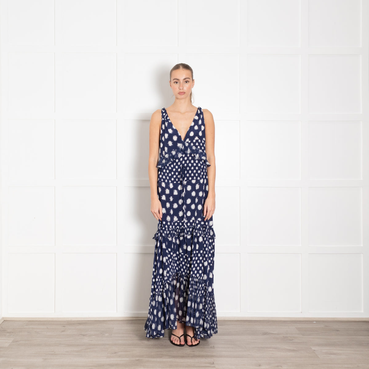 Diane Von Furstenberg Navy White Dot Frill Trim Maxi Dress