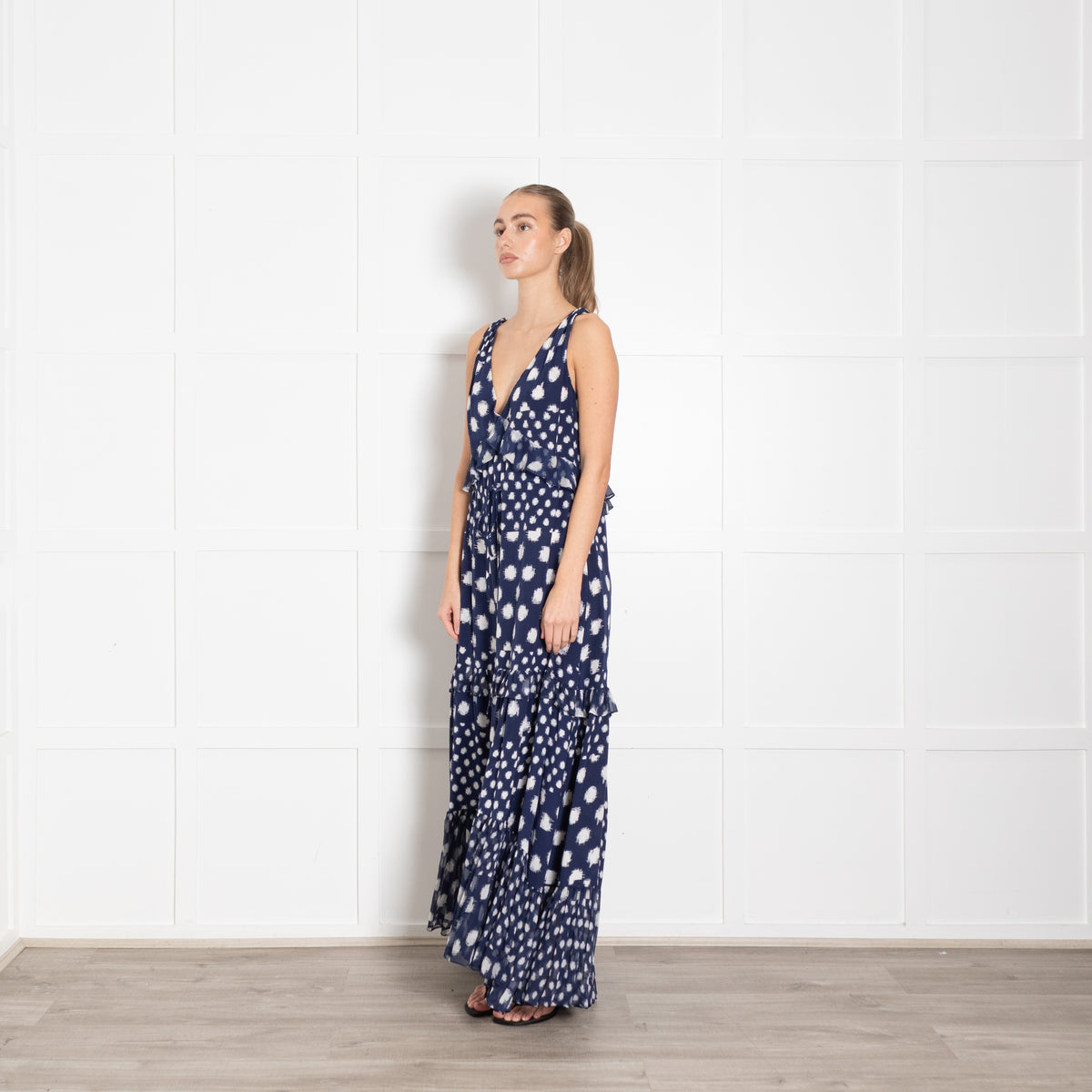 Diane Von Furstenberg Navy White Dot Frill Trim Maxi Dress