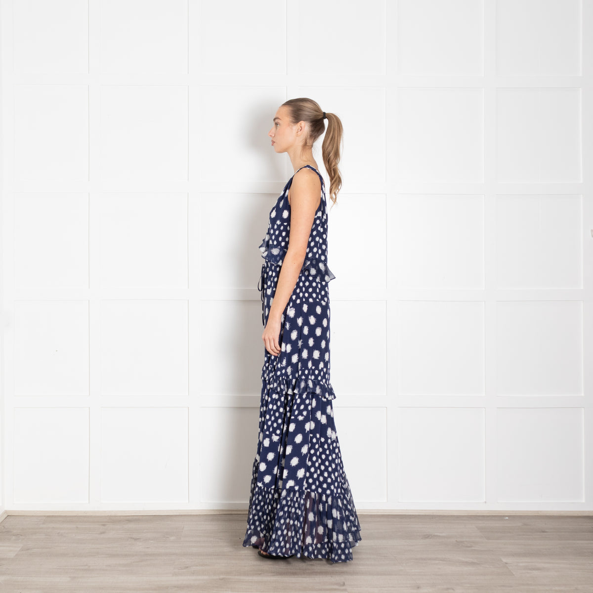 Diane Von Furstenberg Navy White Dot Frill Trim Maxi Dress