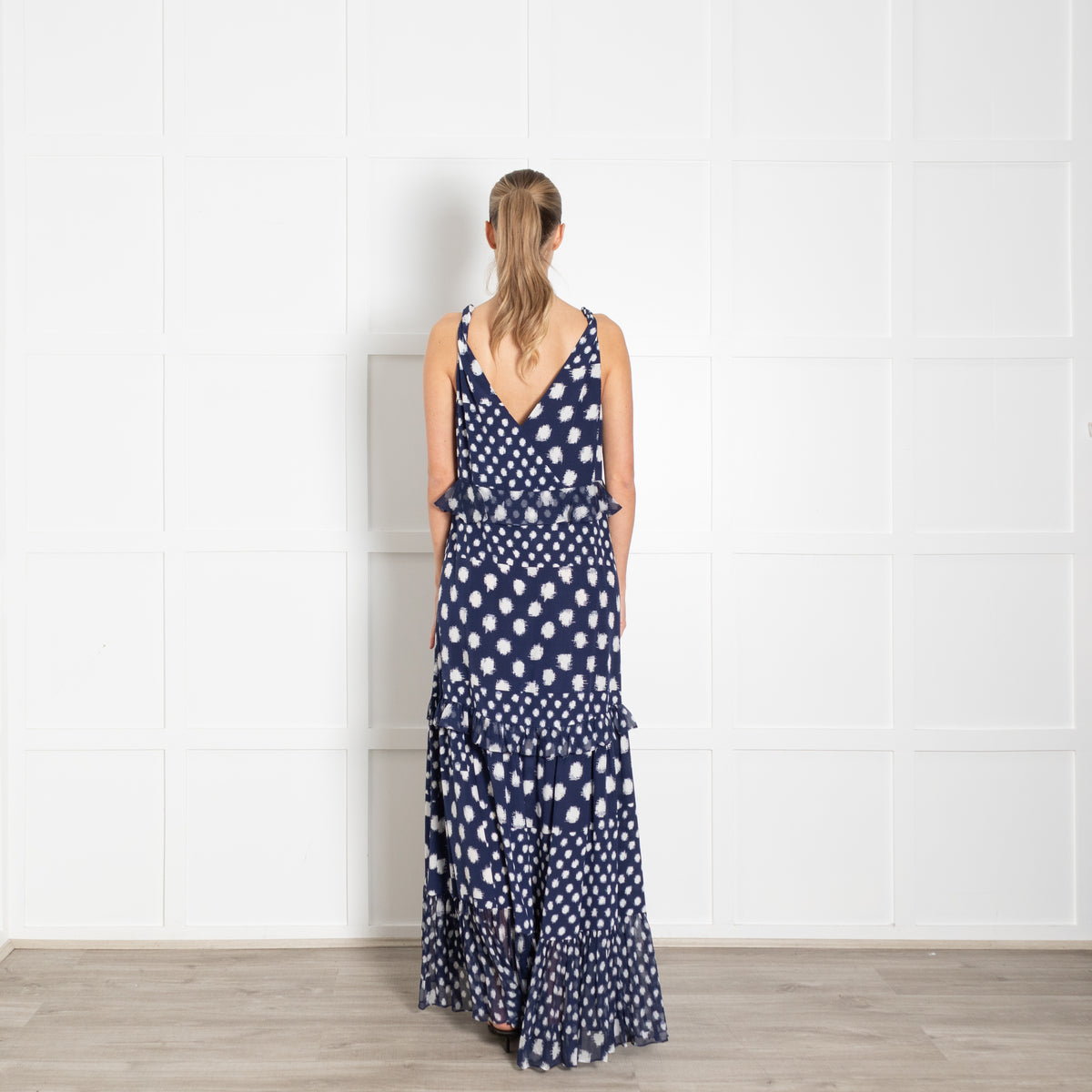 Diane Von Furstenberg Navy White Dot Frill Trim Maxi Dress