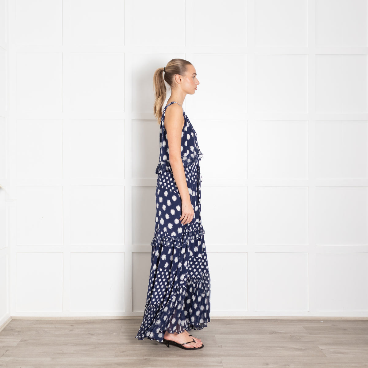 Diane Von Furstenberg Navy White Dot Frill Trim Maxi Dress
