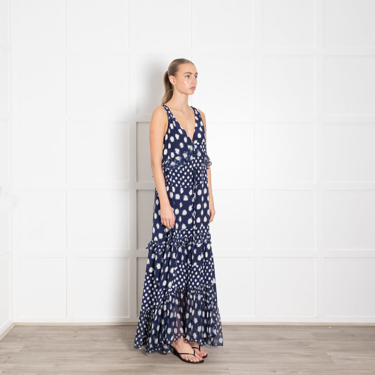 Diane Von Furstenberg Navy White Dot Frill Trim Maxi Dress