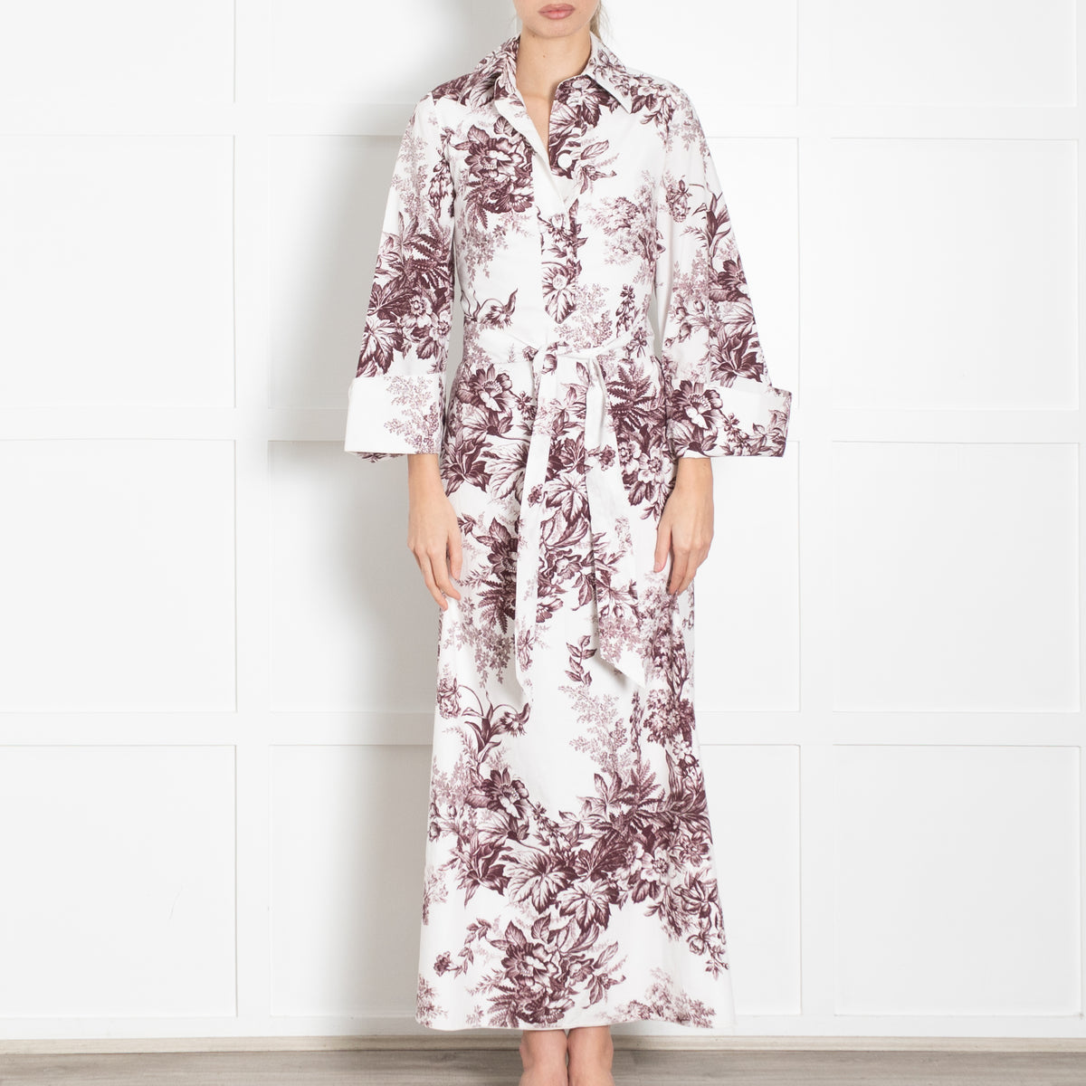 Erdem White Burgundy Floral Cotton Maxi Dress