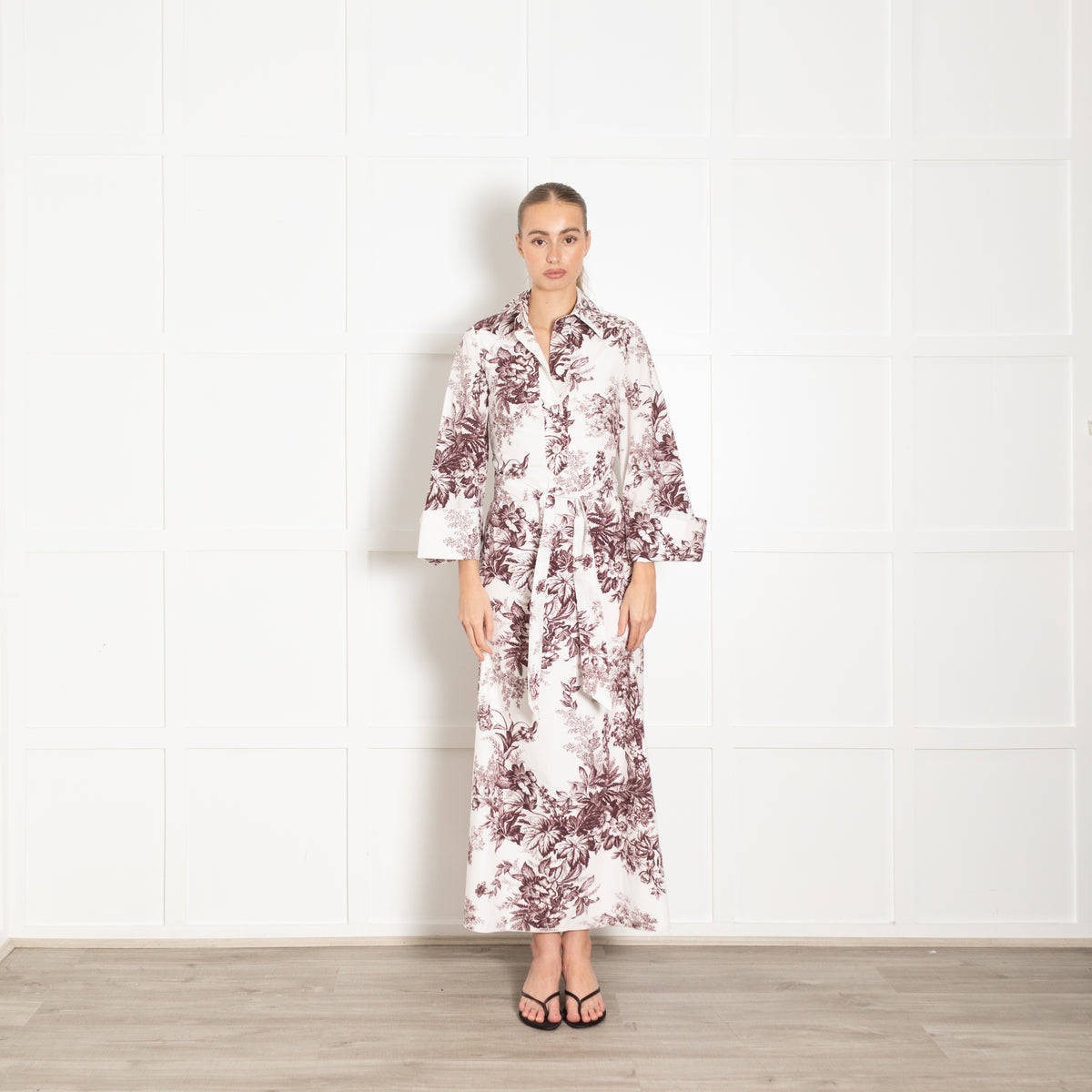 Erdem White Burgundy Floral Cotton Maxi Dress