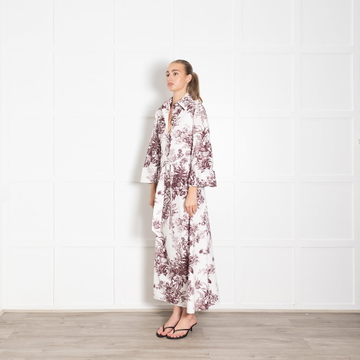 Erdem White Burgundy Floral Cotton Maxi Dress