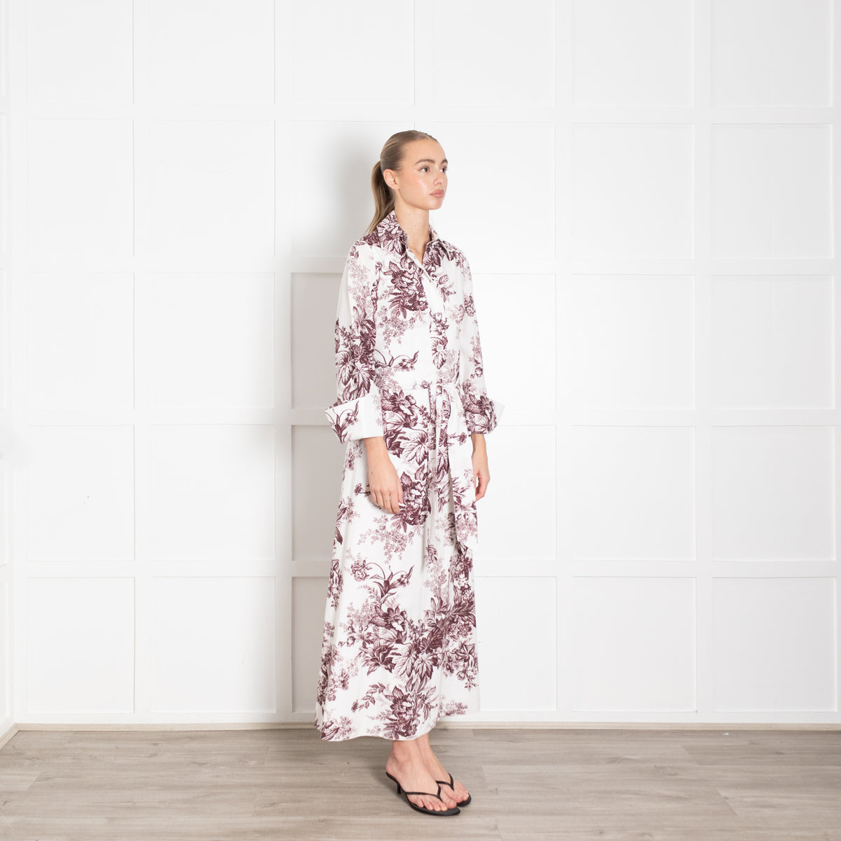 Erdem White Burgundy Floral Cotton Maxi Dress