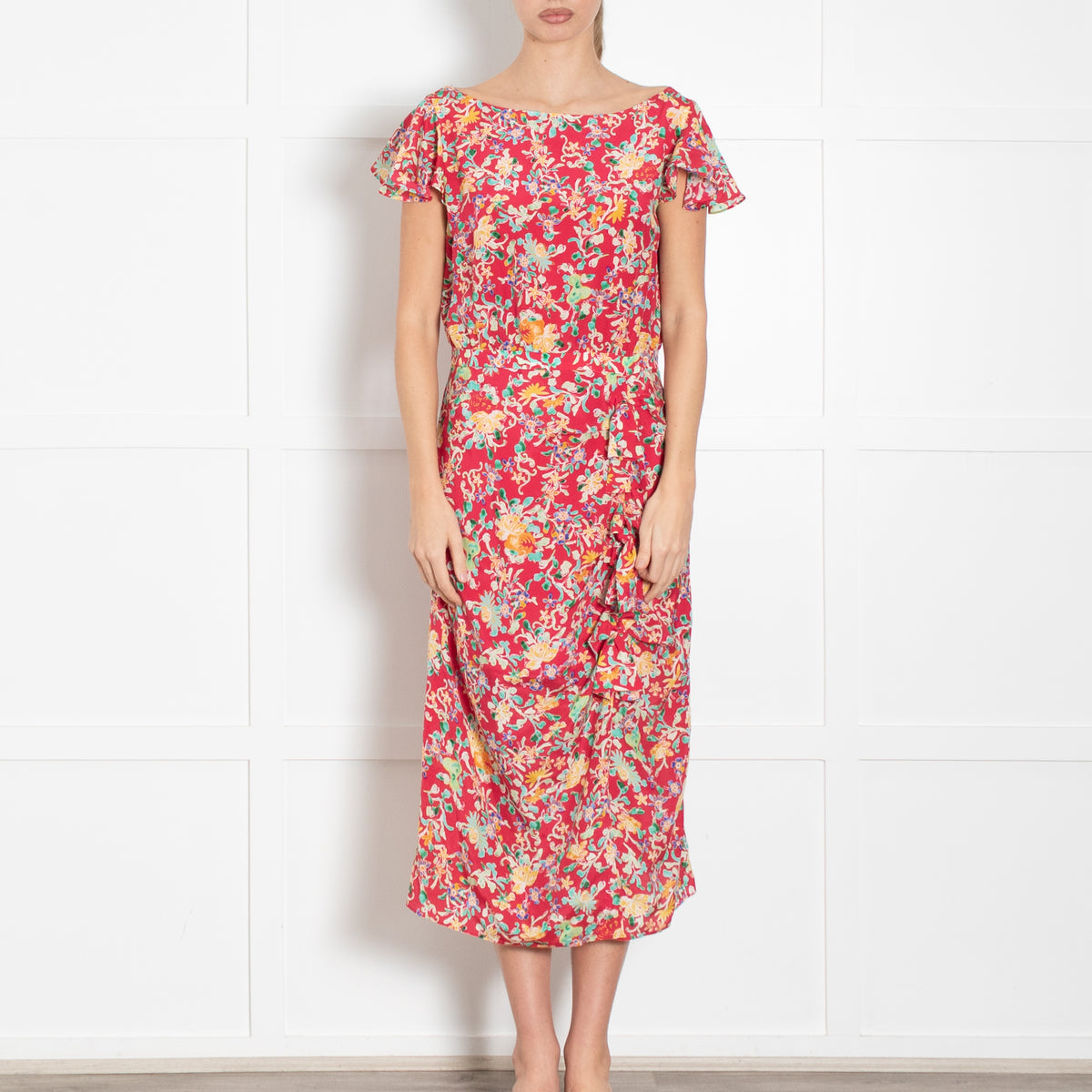 Saloni Red Green Floral Frill And Bow Detail Dress