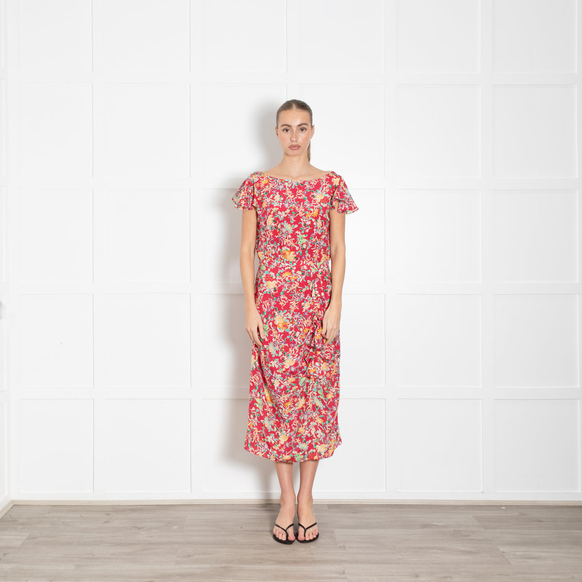 Saloni Red Green Floral Frill And Bow Detail Dress