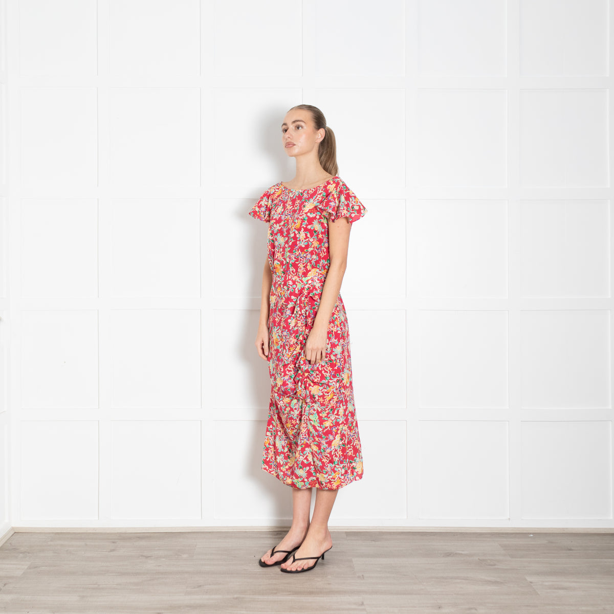Saloni Red Green Floral Frill And Bow Detail Dress