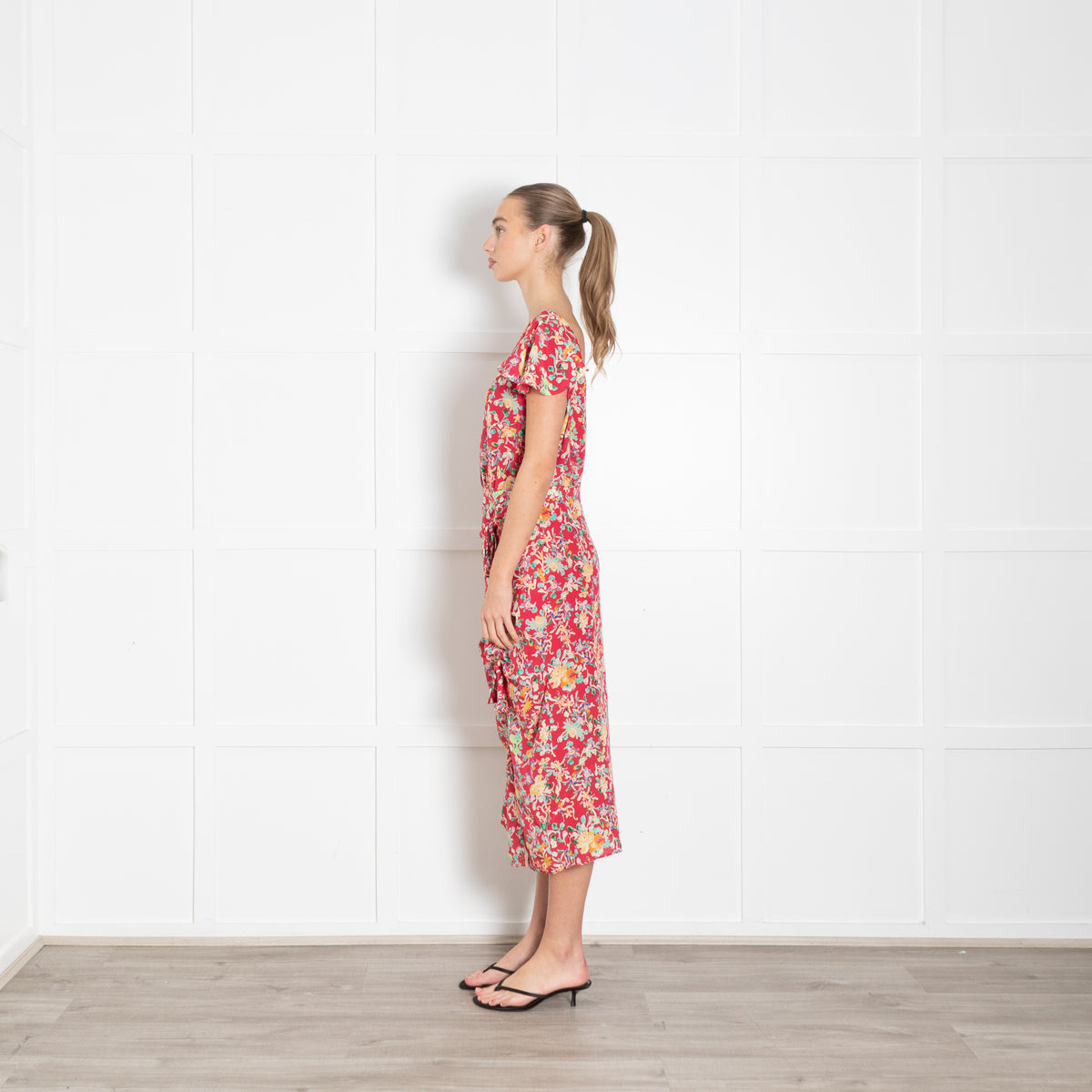 Saloni Red Green Floral Frill And Bow Detail Dress