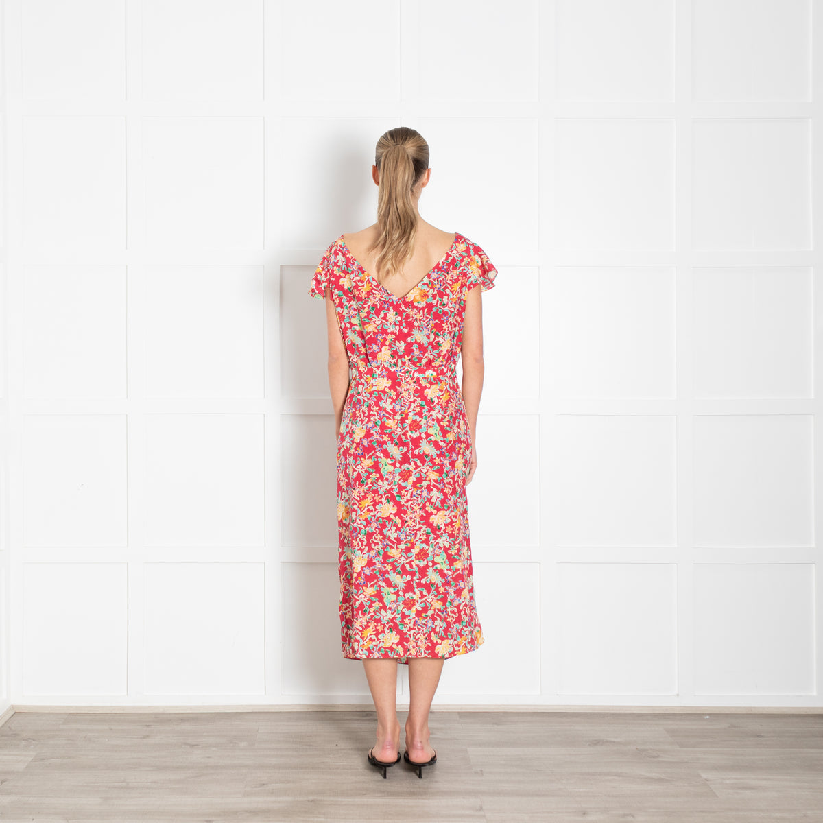 Saloni Red Green Floral Frill And Bow Detail Dress