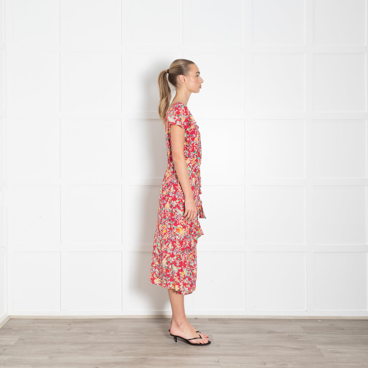 Saloni Red Green Floral Frill And Bow Detail Dress