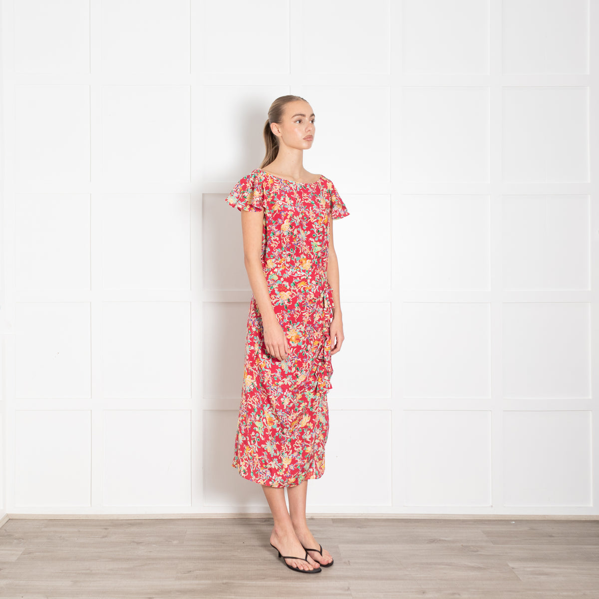 Saloni Red Green Floral Frill And Bow Detail Dress
