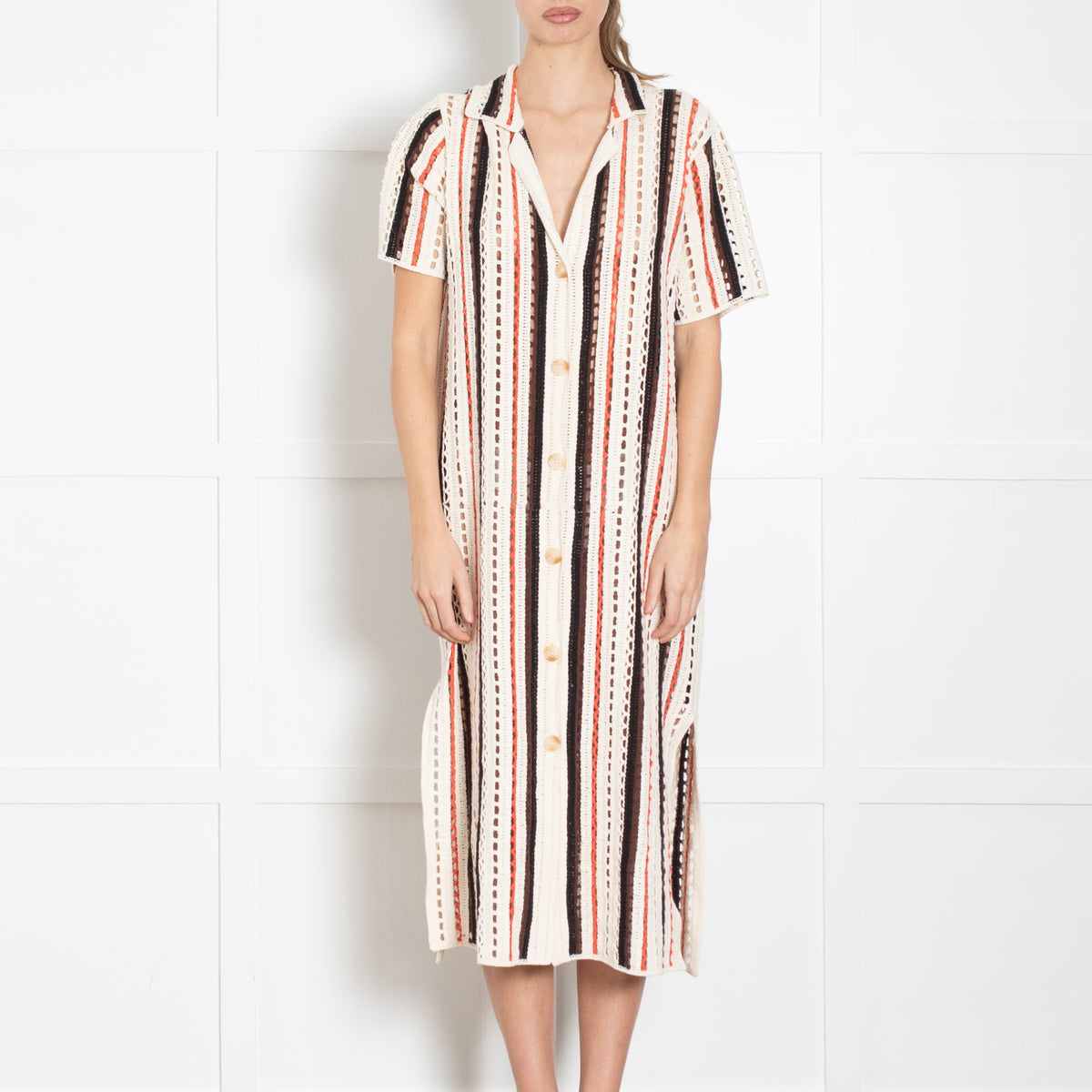 Me + Em Cream And Orange Stripe Crochet Shirt Dress