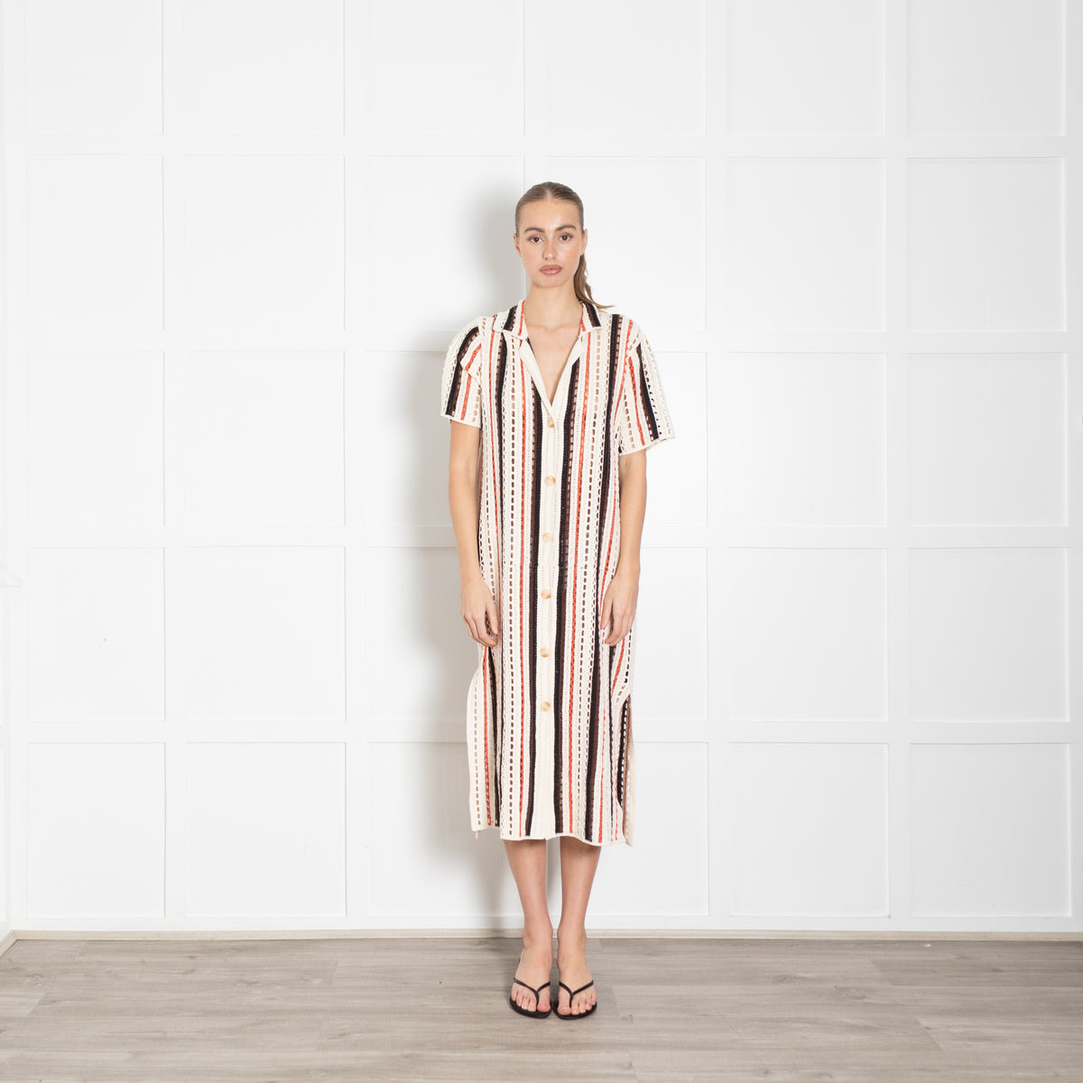 Me + Em Cream And Orange Stripe Crochet Shirt Dress