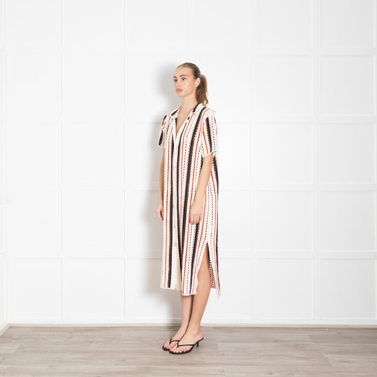 Me + Em Cream And Orange Stripe Crochet Shirt Dress