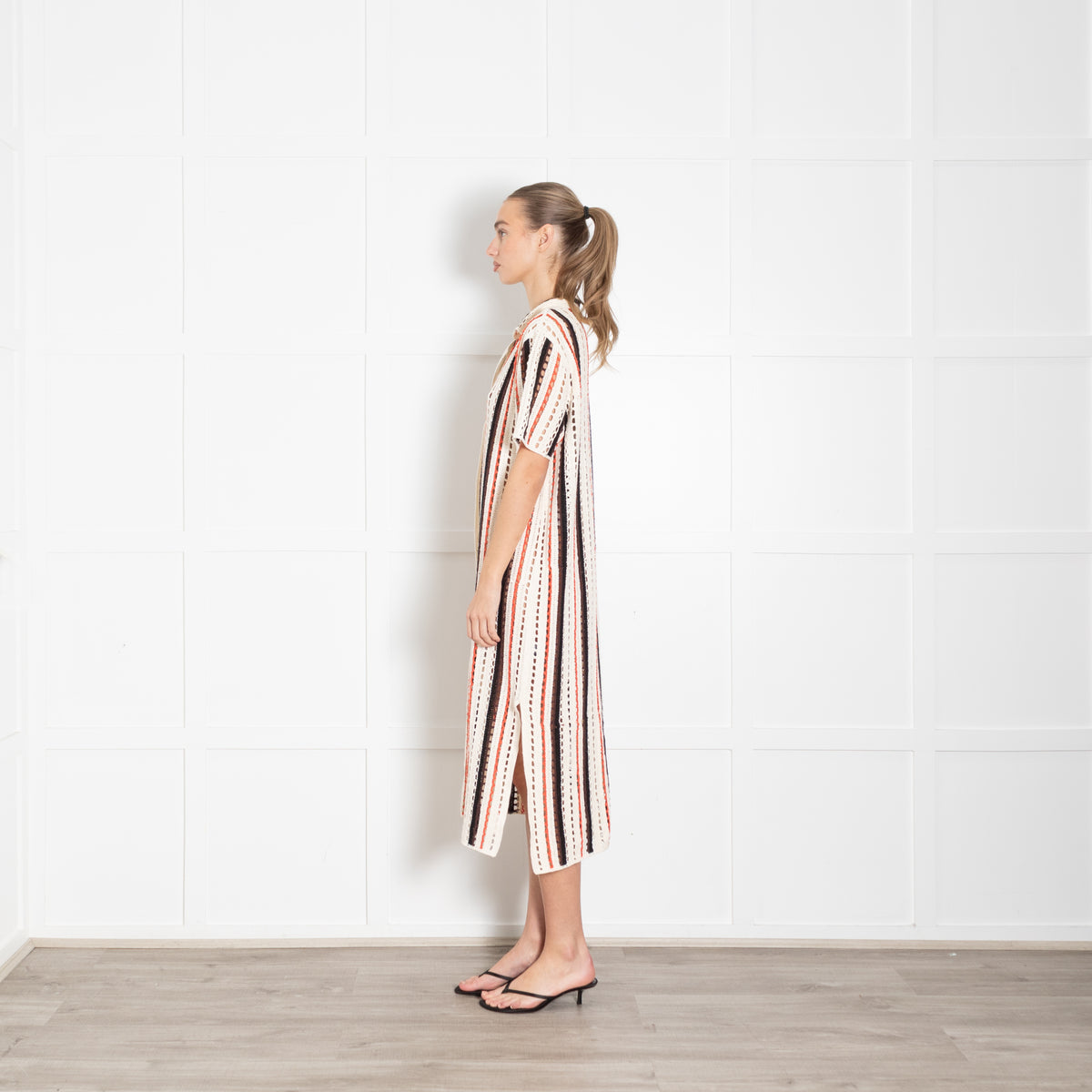 Me + Em Cream And Orange Stripe Crochet Shirt Dress