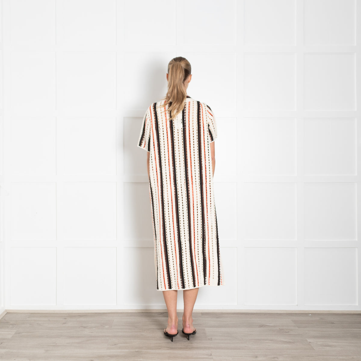 Me + Em Cream And Orange Stripe Crochet Shirt Dress