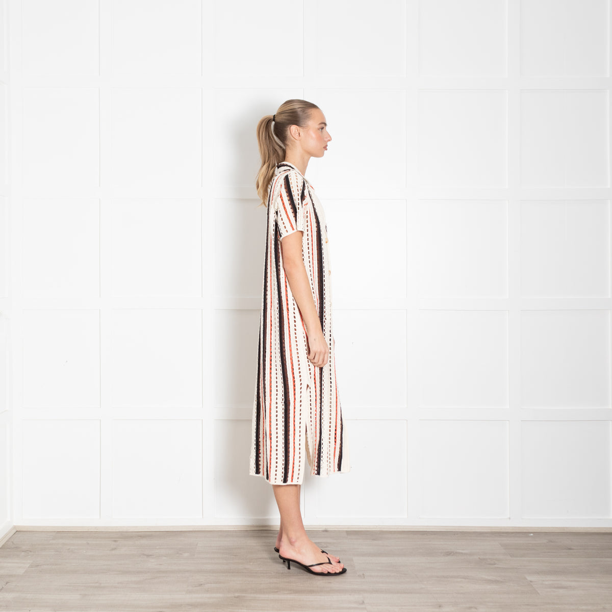 Me + Em Cream And Orange Stripe Crochet Shirt Dress