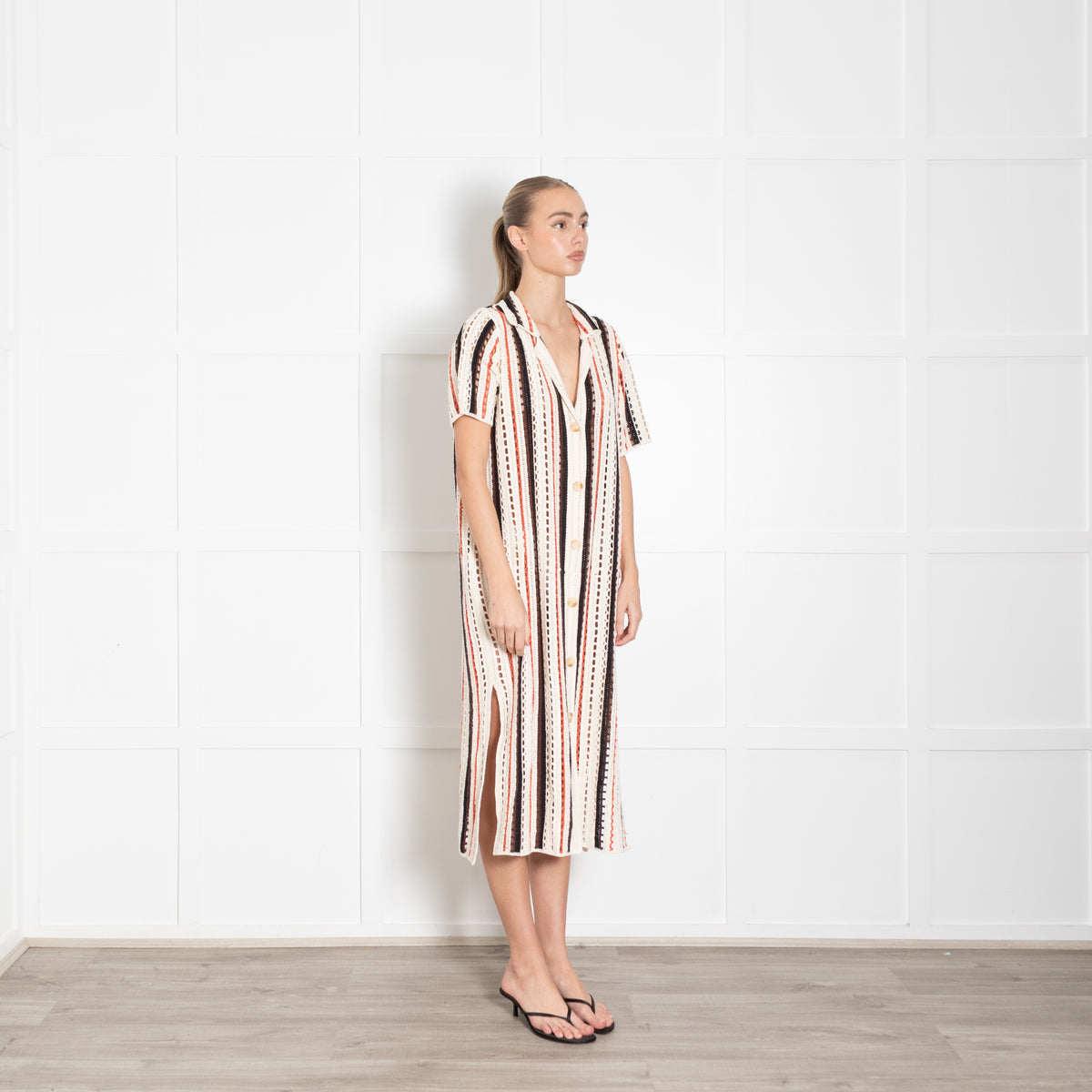 Me + Em Cream And Orange Stripe Crochet Shirt Dress