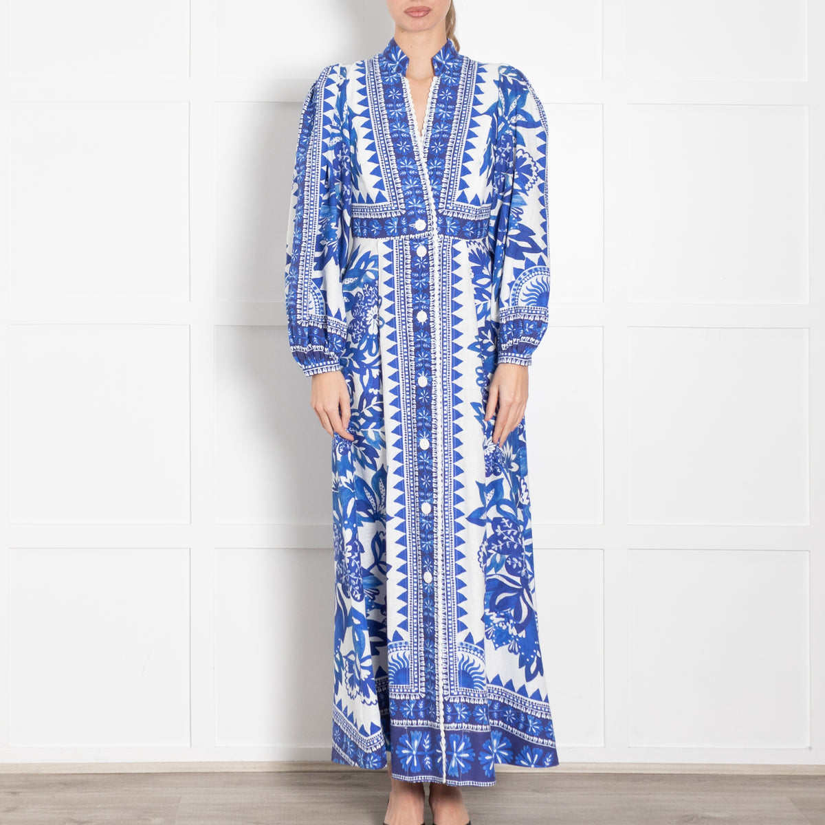 Farm Rio Blue and White Flora Tapestry Maxi Dress