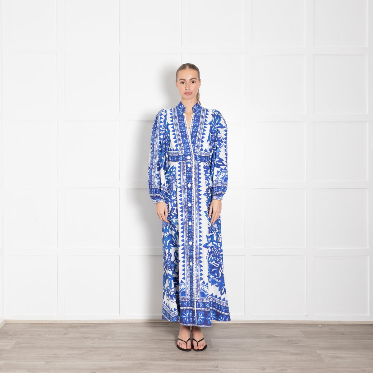 Farm Rio Blue and White Flora Tapestry Maxi Dress
