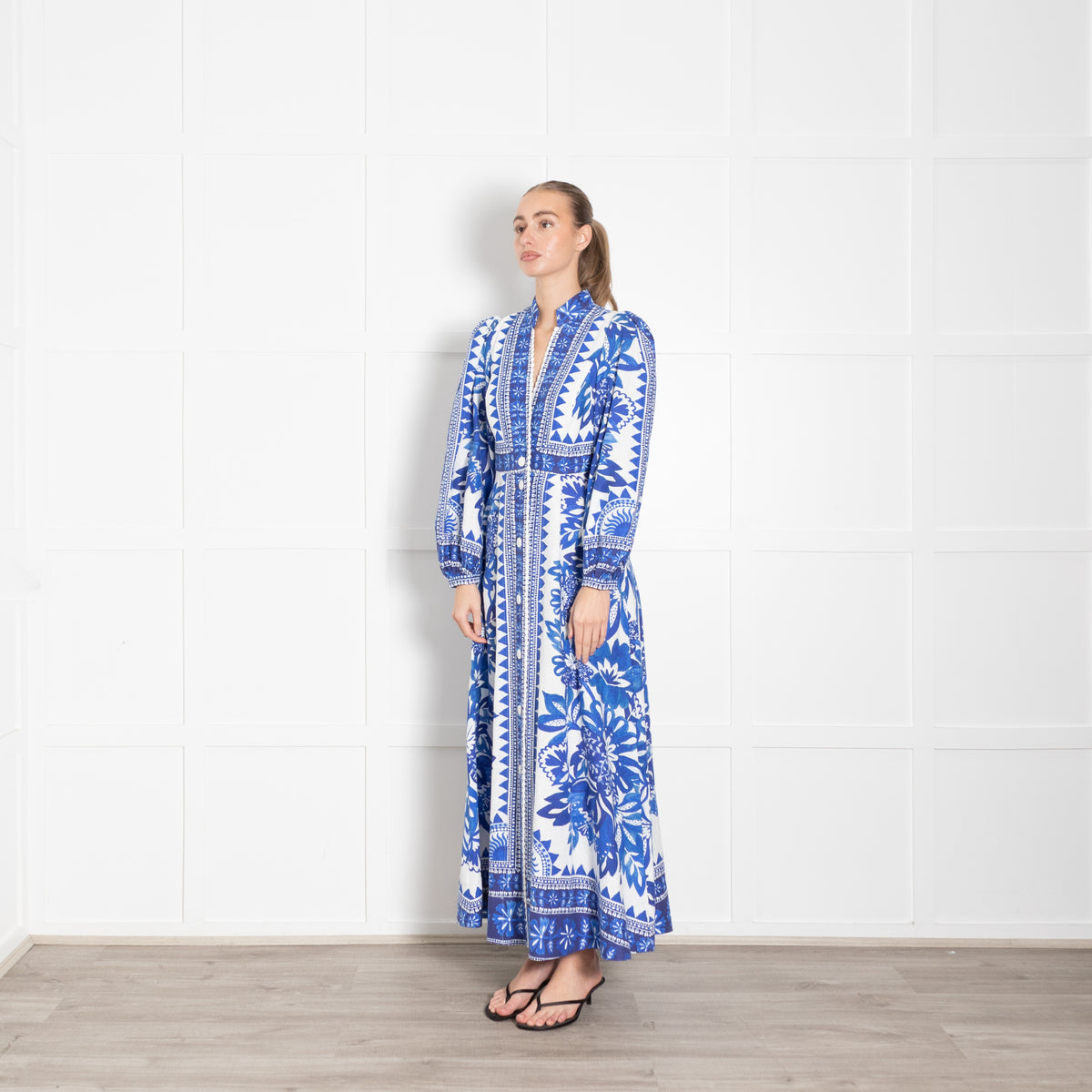 Farm Rio Blue and White Flora Tapestry Maxi Dress