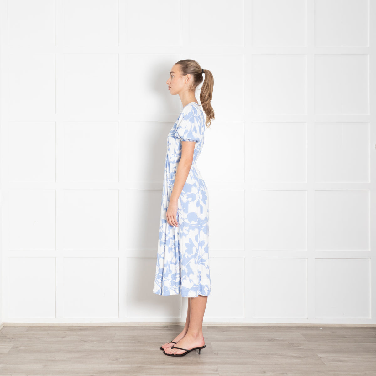 Me + Em Blue and White Floral Cheesecloth Midi Dress