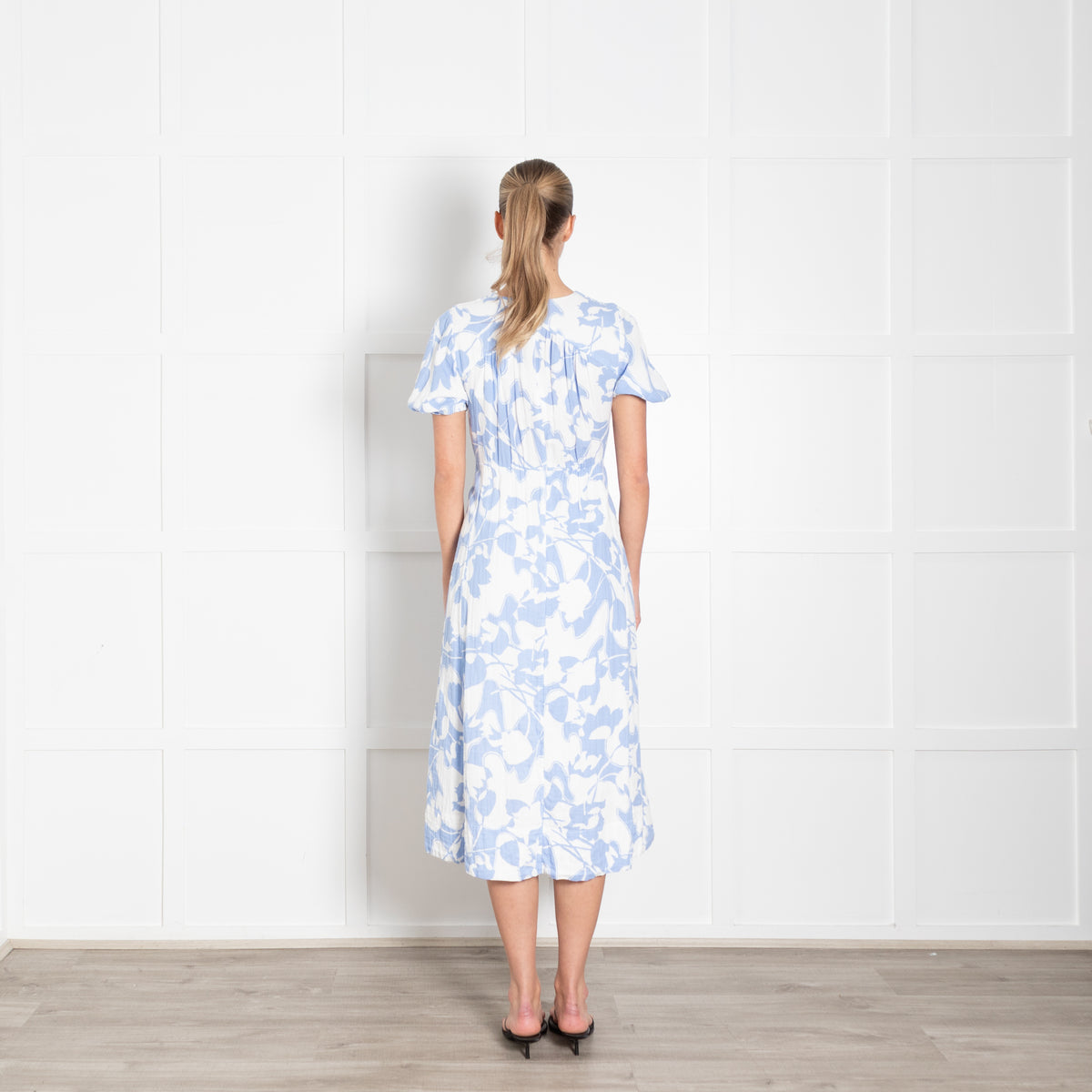 Me + Em Blue and White Floral Cheesecloth Midi Dress