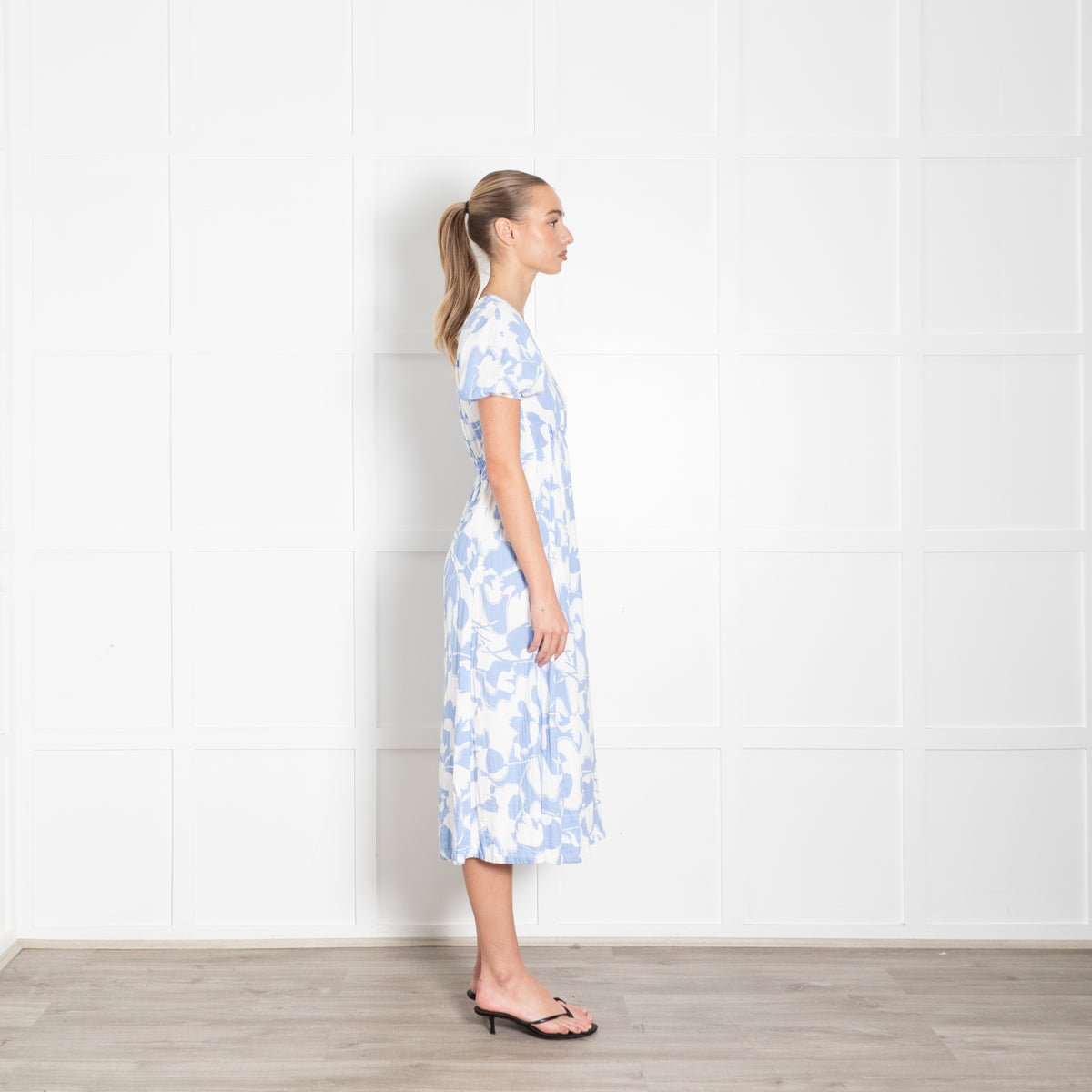 Me + Em Blue and White Floral Cheesecloth Midi Dress