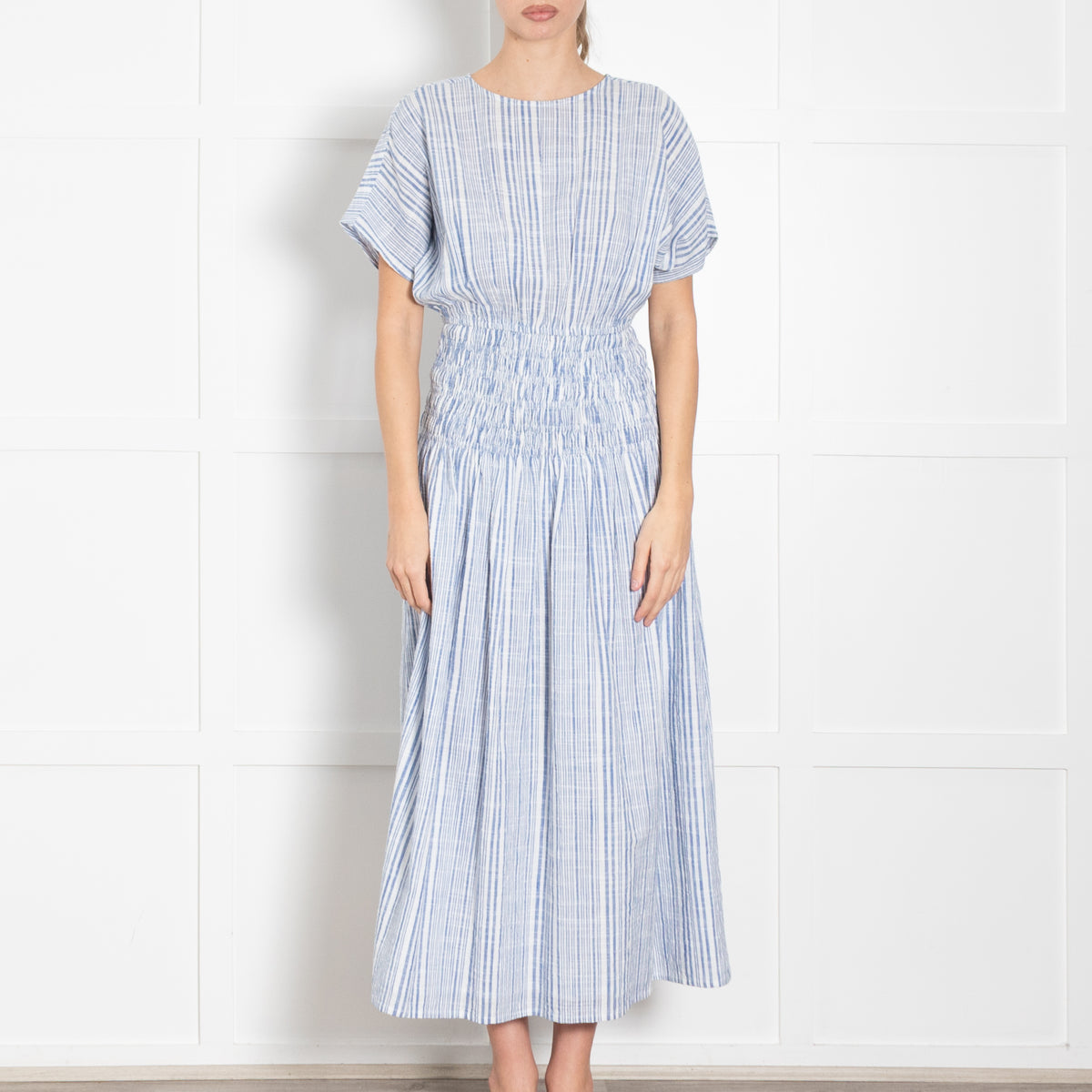 Apiece Apart Blue and White Cotton Mana Gathered Waist Midi Dress