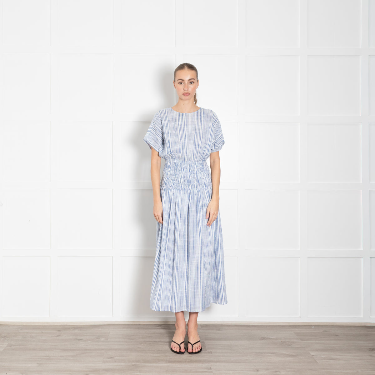 Apiece Apart Blue and White Cotton Mana Gathered Waist Midi Dress