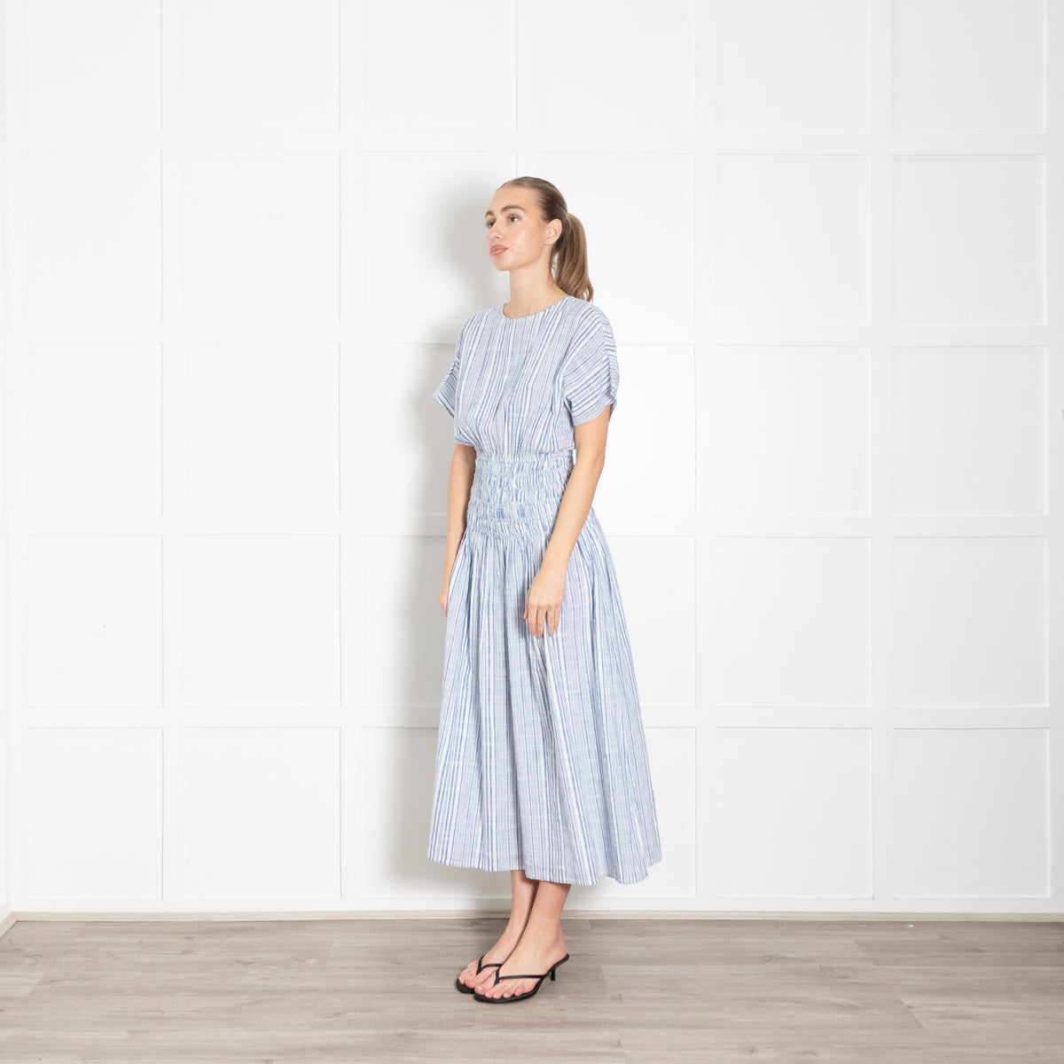 Apiece Apart Blue and White Cotton Mana Gathered Waist Midi Dress