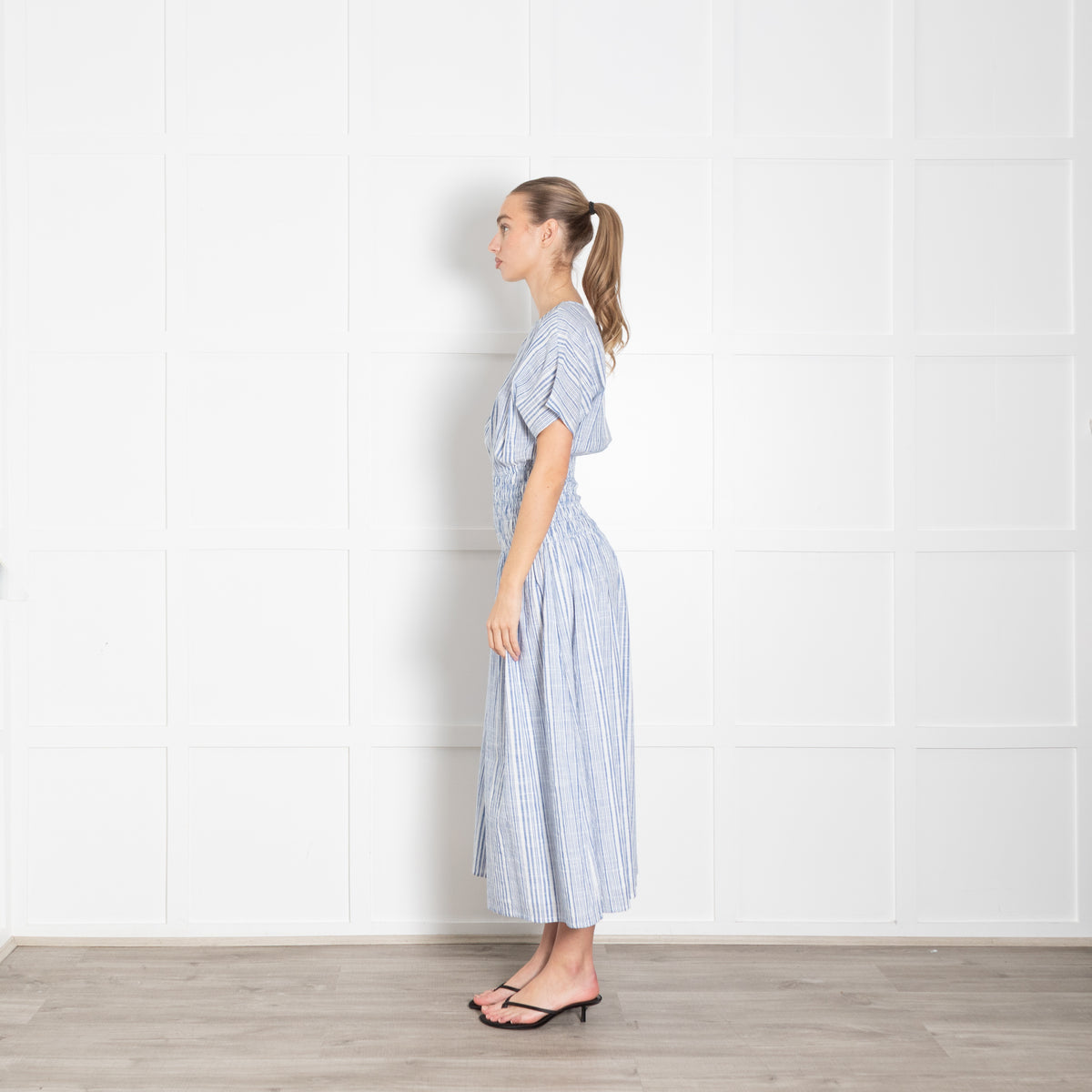 Apiece Apart Blue and White Cotton Mana Gathered Waist Midi Dress