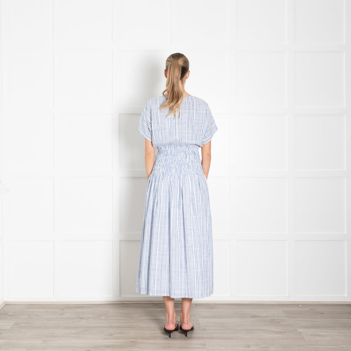 Apiece Apart Blue and White Cotton Mana Gathered Waist Midi Dress