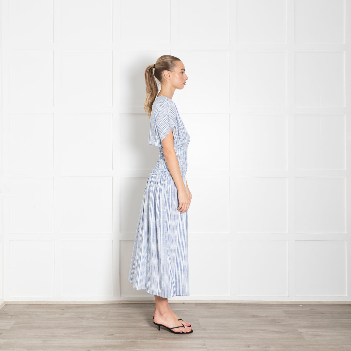 Apiece Apart Blue and White Cotton Mana Gathered Waist Midi Dress