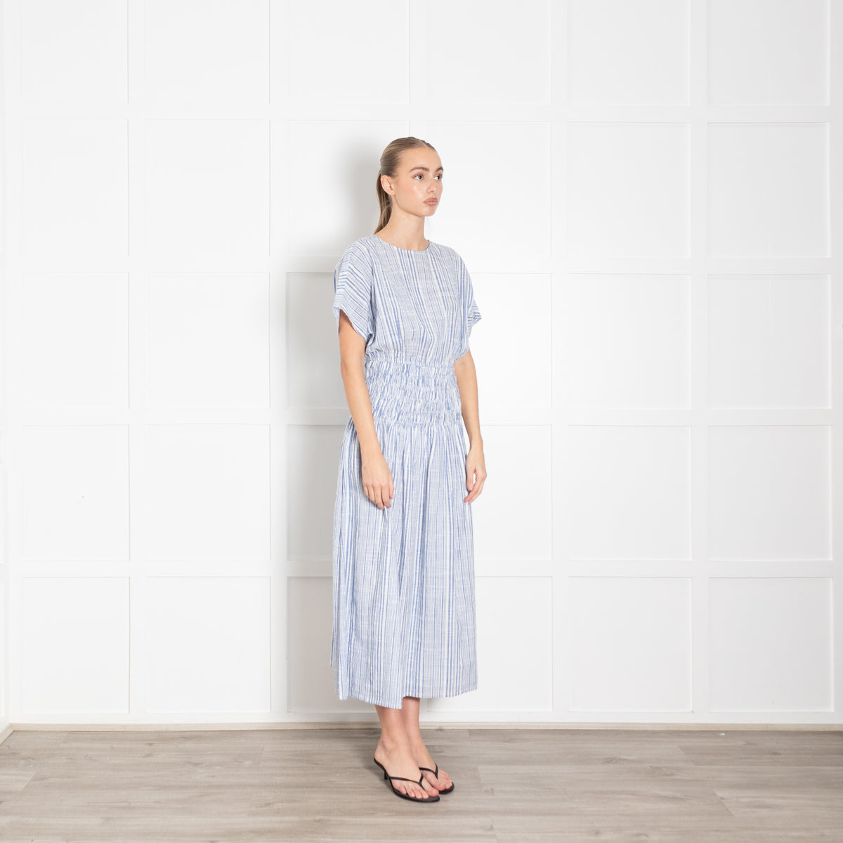 Apiece Apart Blue and White Cotton Mana Gathered Waist Midi Dress