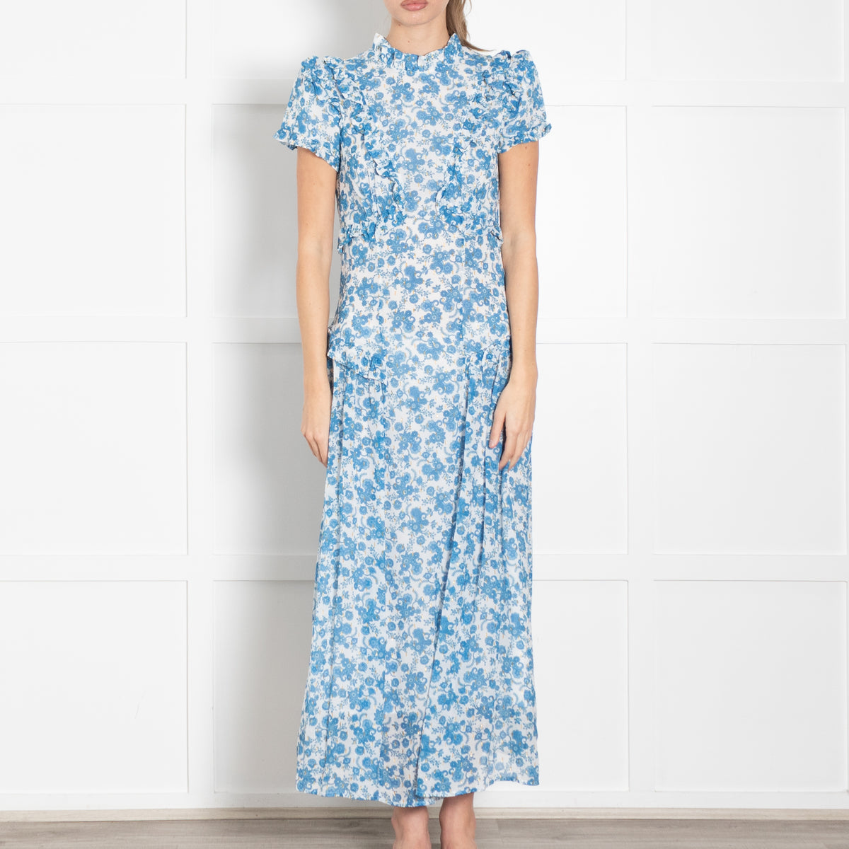 Cefinn Blue and White Floral High Neck Midi Dress