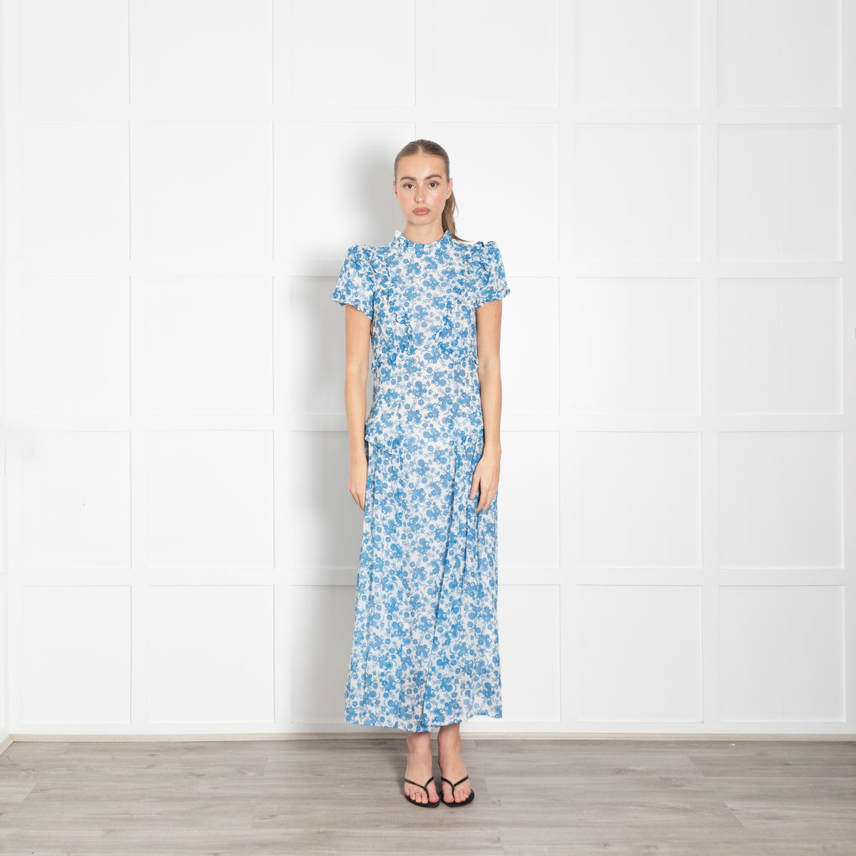 Cefinn Blue and White Floral High Neck Midi Dress